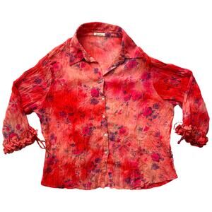 Jaipur crinkle floral lurex blouse XL red pink ruffle 3/4 sleeve